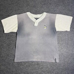Vintage Peanuts Henley Shirt Mens L Grey Sun Faded Snoopy Embroidered Colorblock